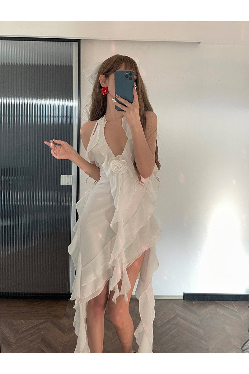 Zllkl Nola Solid Color V-Neck Ruffled Panels Halter Neck Irregular Sheer Tassel Dress