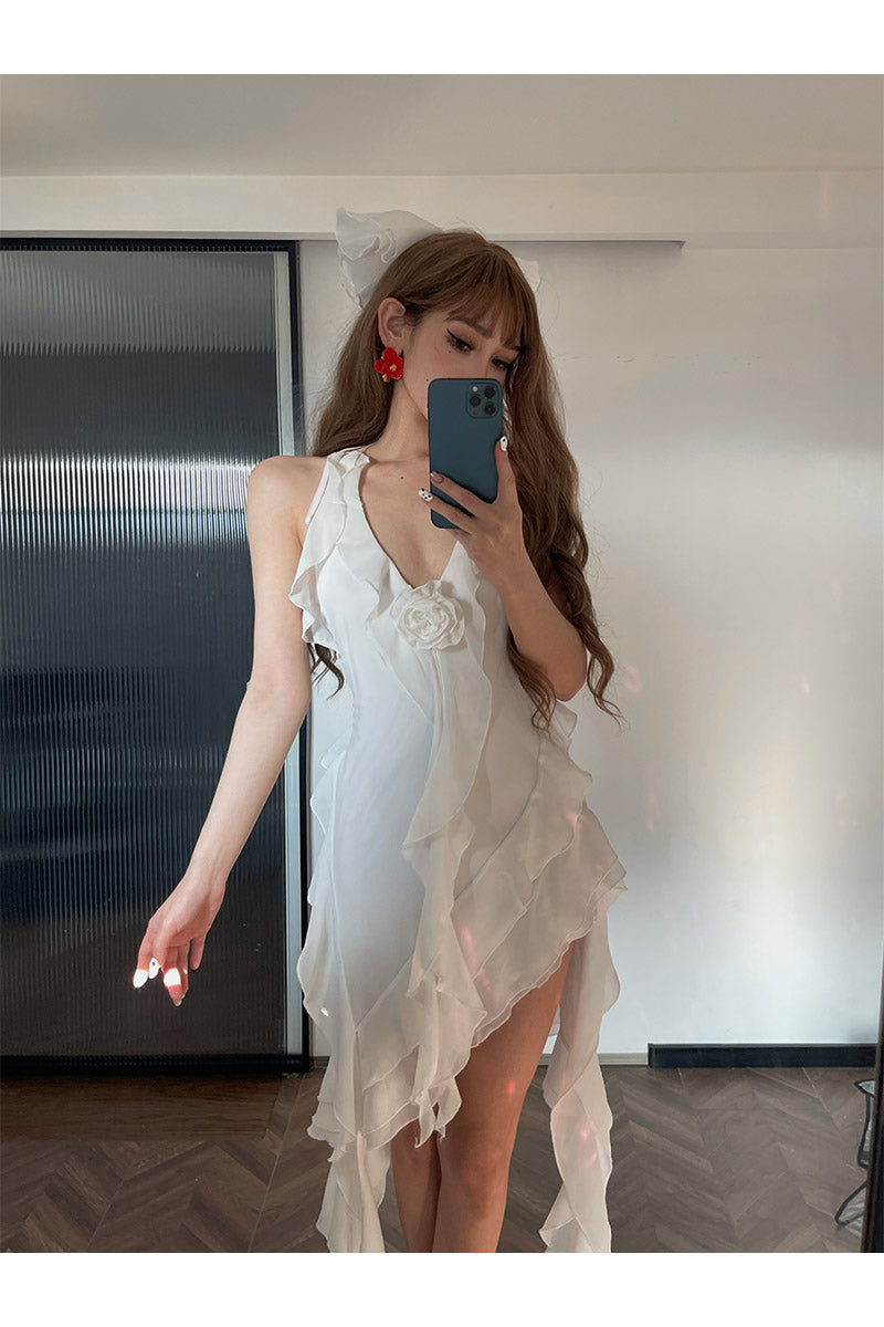 Zllkl Nola Solid Color V-Neck Ruffled Panels Halter Neck Irregular Sheer Tassel Dress
