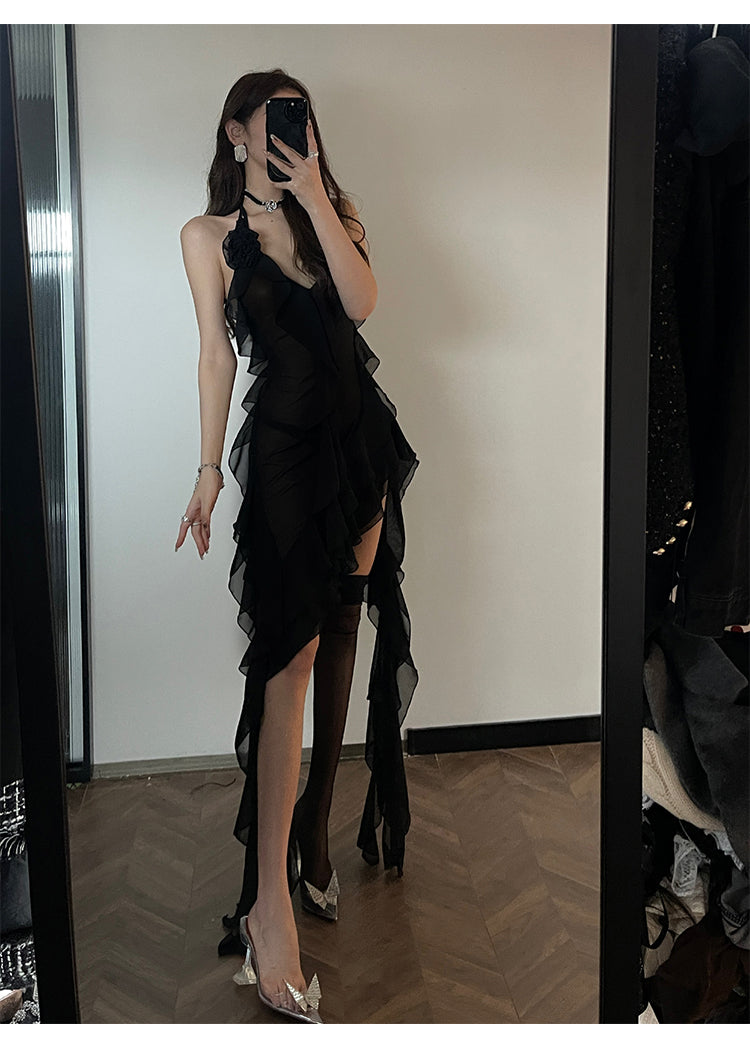 Zllkl Nola Solid Color V-Neck Ruffled Panels Halter Neck Irregular Sheer Tassel Dress