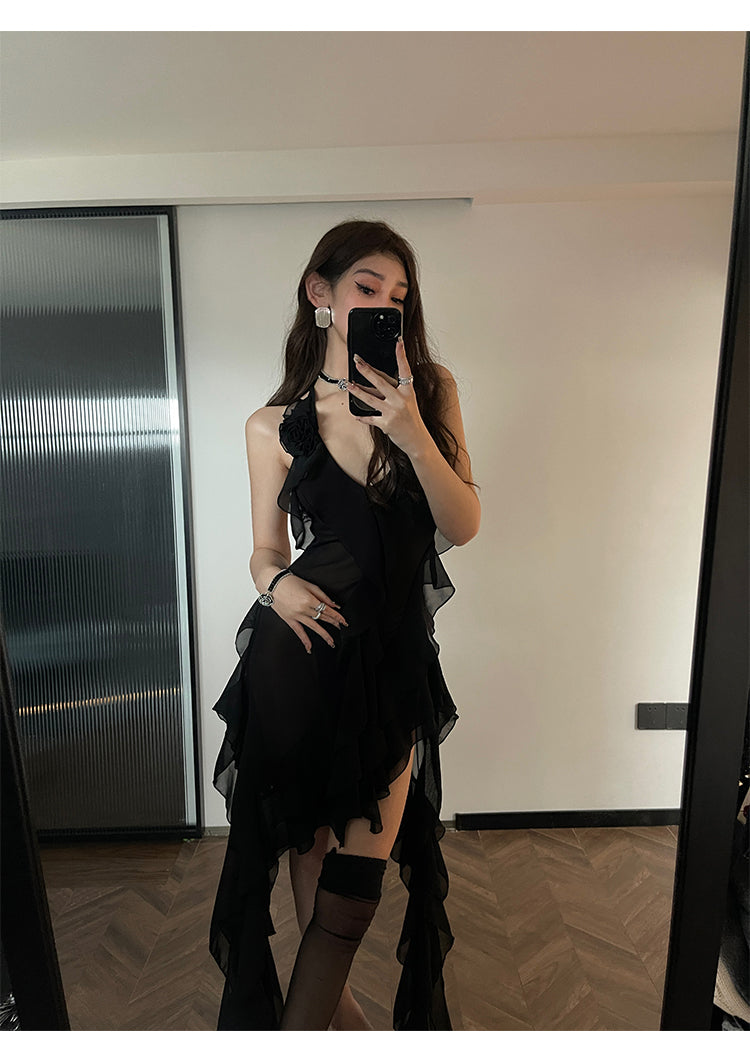 Zllkl Nola Solid Color V-Neck Ruffled Panels Halter Neck Irregular Sheer Tassel Dress