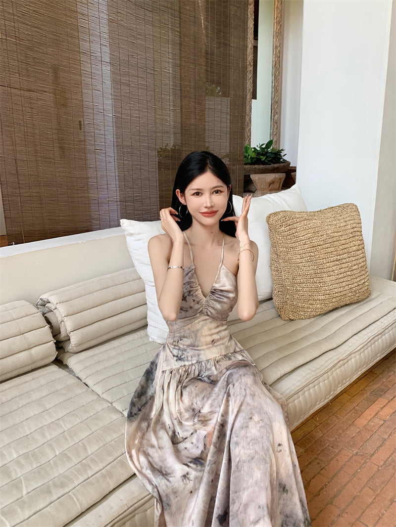 Zllkl Kila Tie-Dye & Solid Color Slip Backless V-Neck Sleeveless Long Flowing A-Line Maxi Dress