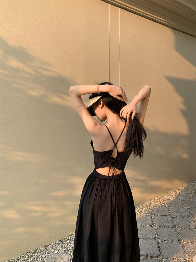 Zllkl Kila Tie-Dye & Solid Color Slip Backless V-Neck Sleeveless Long Flowing A-Line Maxi Dress