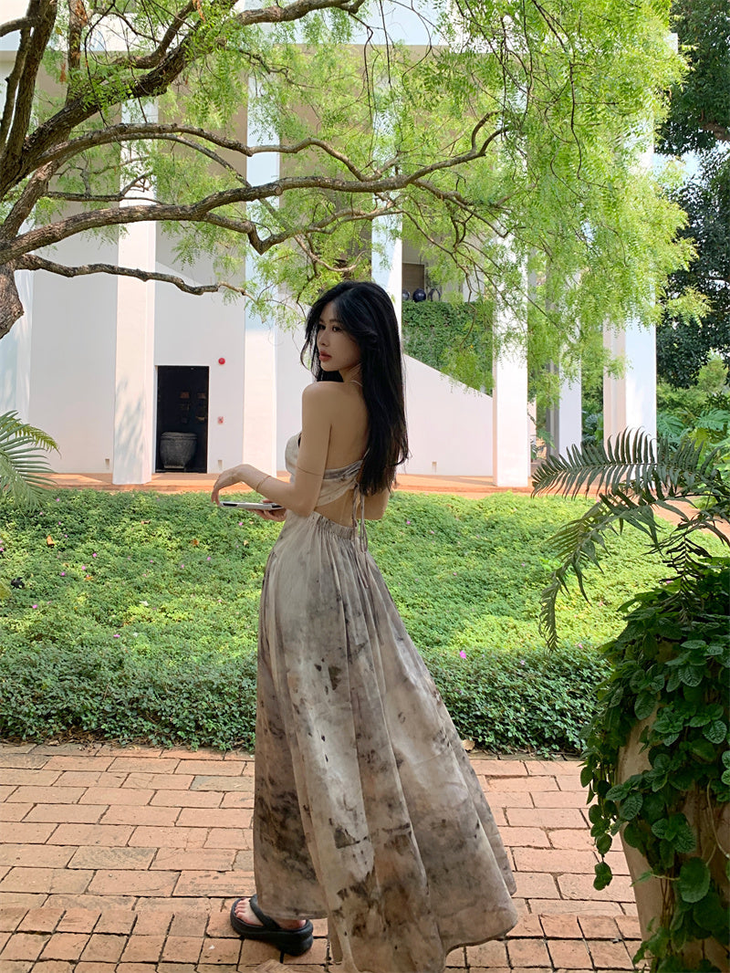 Zllkl Kila Tie-Dye & Solid Color Slip Backless V-Neck Sleeveless Long Flowing A-Line Maxi Dress