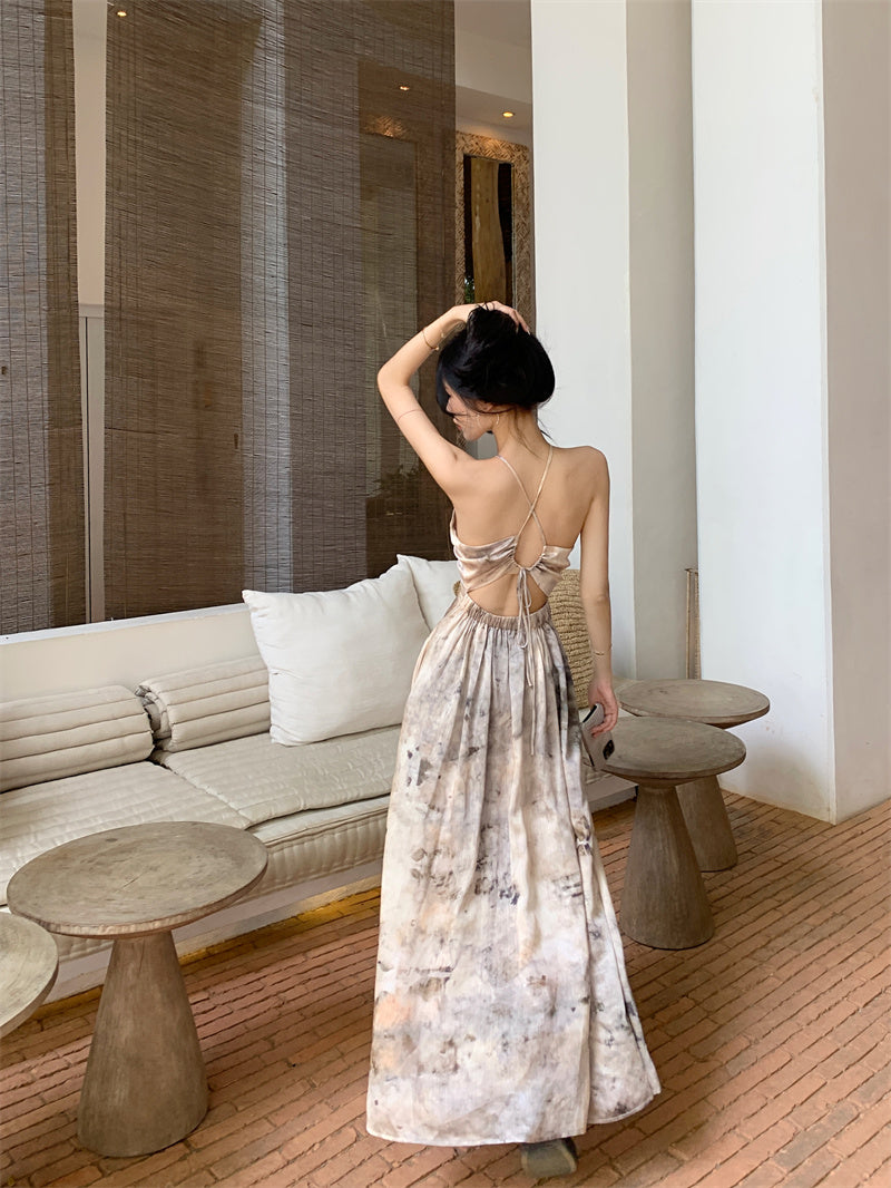 Zllkl Kila Tie-Dye & Solid Color Slip Backless V-Neck Sleeveless Long Flowing A-Line Maxi Dress