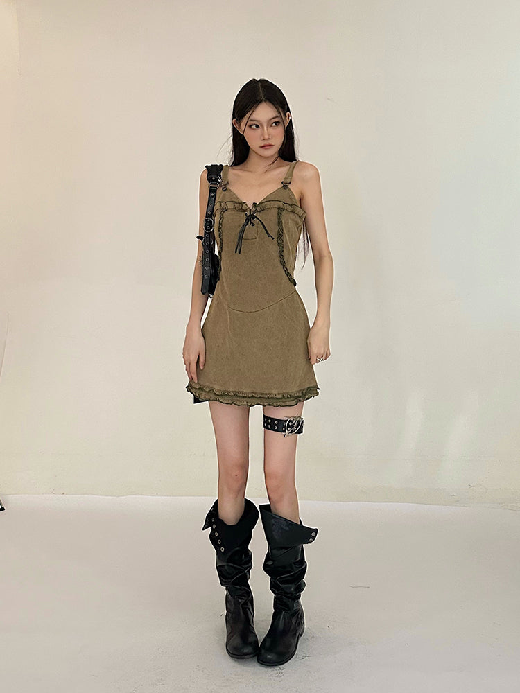 Zllkl Vanessa Denim Vintage V-Neck Spaghetti Strap Slim Mini Dress