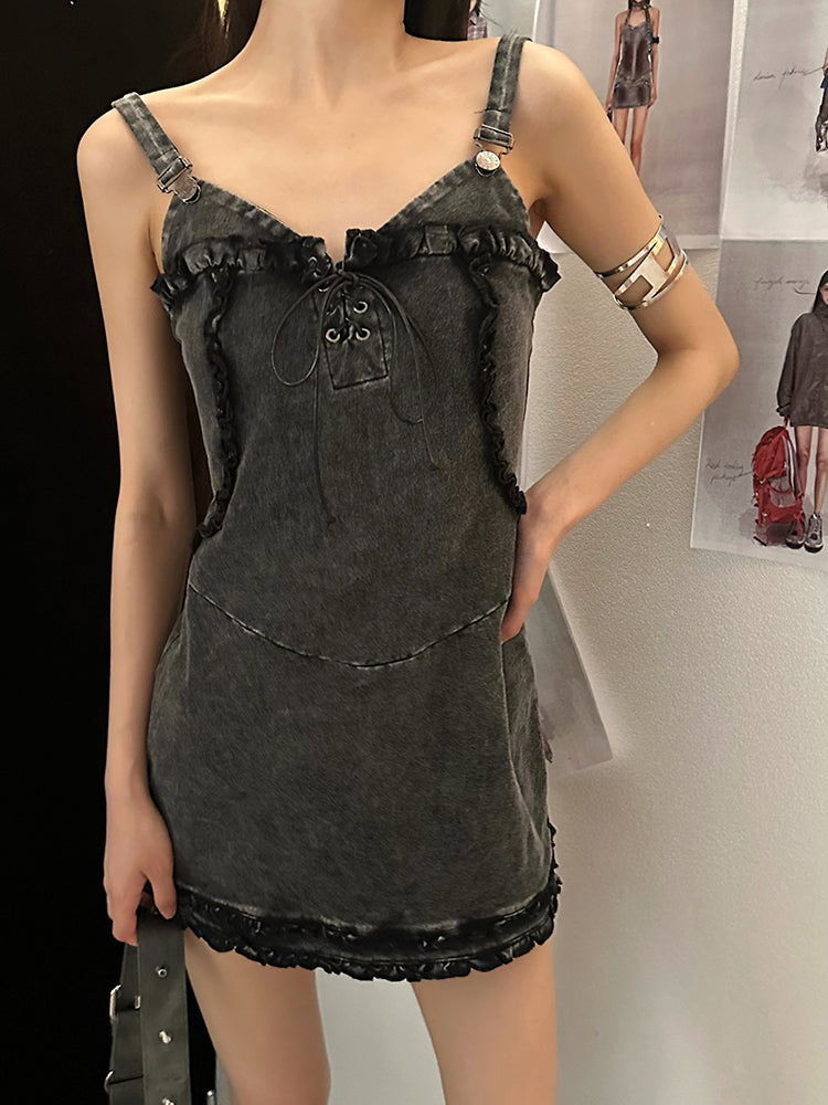 Zllkl Vanessa Denim Vintage V-Neck Spaghetti Strap Slim Mini Dress