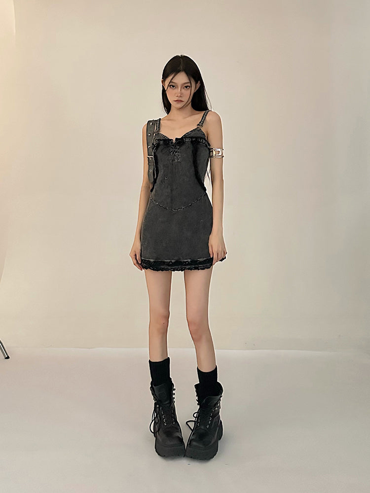 Zllkl Vanessa Denim Vintage V-Neck Spaghetti Strap Slim Mini Dress