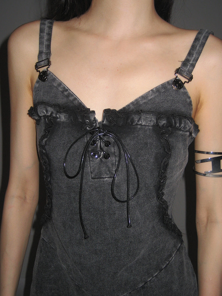 Zllkl Vanessa Denim Vintage V-Neck Spaghetti Strap Slim Mini Dress
