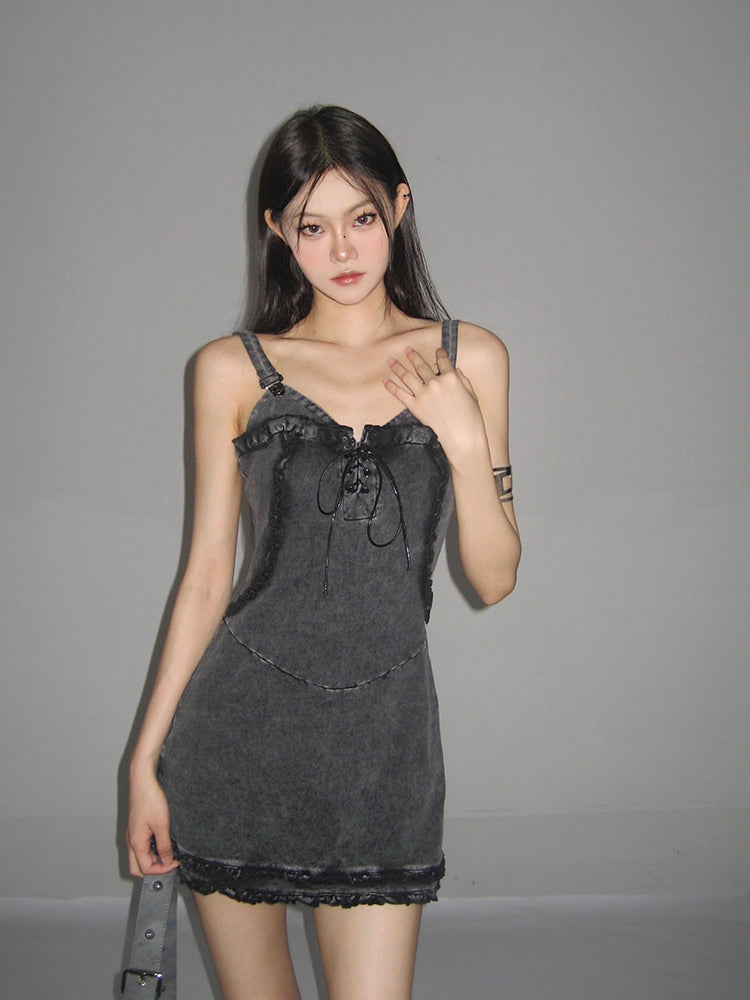 Zllkl Vanessa Denim Vintage V-Neck Spaghetti Strap Slim Mini Dress