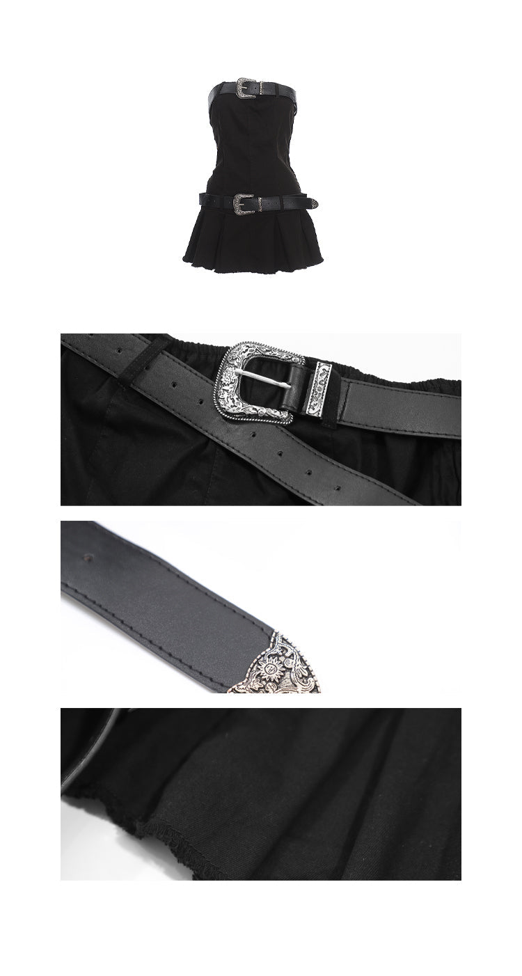 Zllkl Camile Solid Color Denim Black Sleeveless Bandeau Pleated Mini Dress