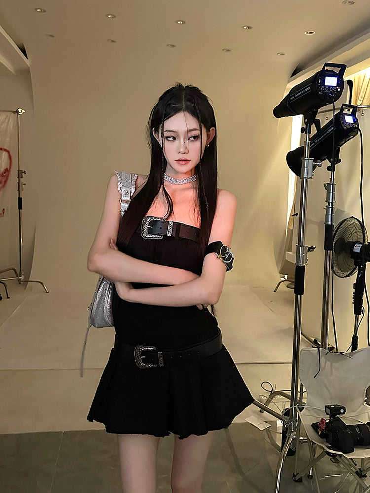 Zllkl Camile Solid Color Denim Black Sleeveless Bandeau Pleated Mini Dress