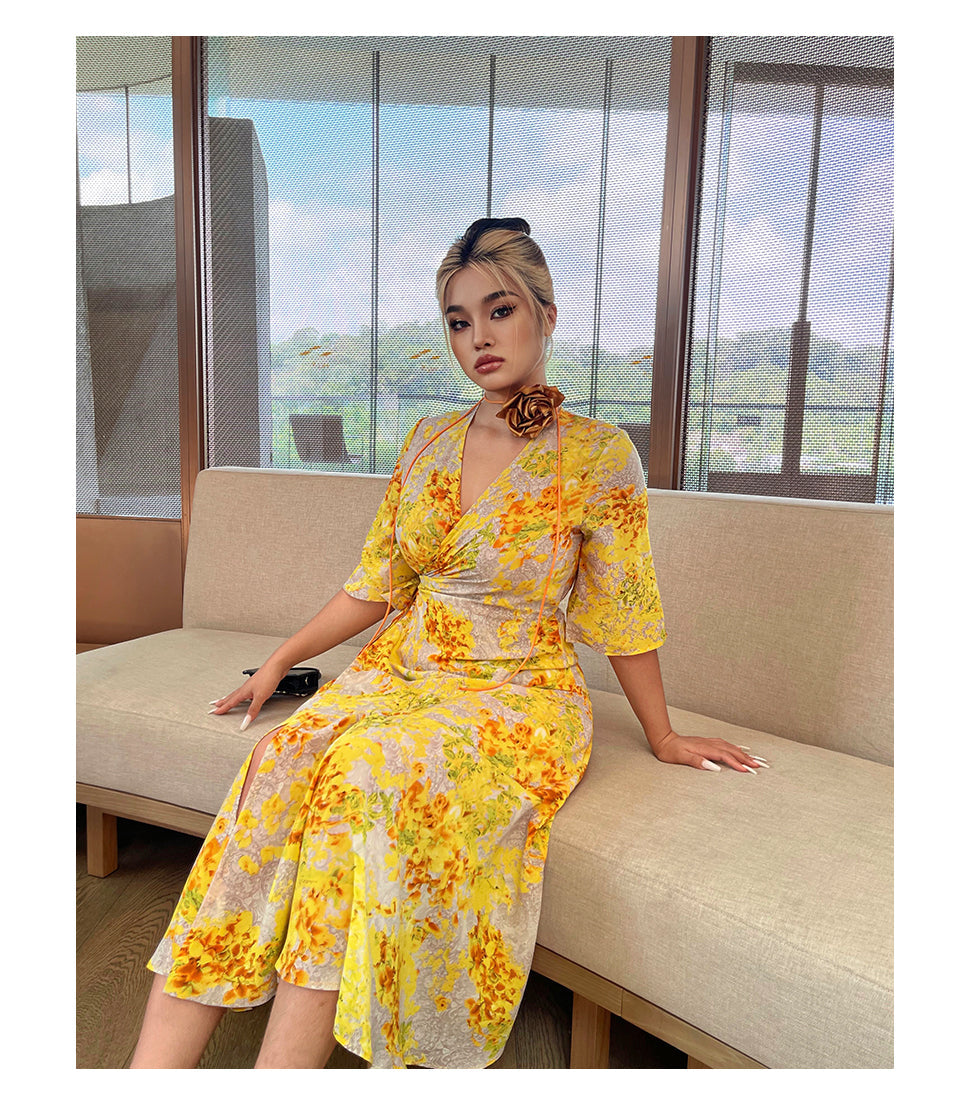 Zllkl Naoum Plus Size Sun Bright Yellow Floral Front Cross V-Neck Short Sleeve Side Slit Long Dress