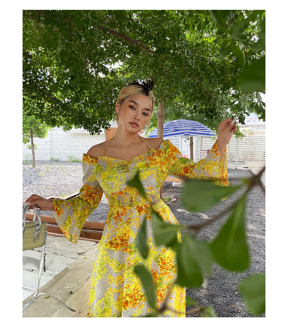 Zllkl Naoum Plus Size Sun Bright Yellow Floral Front Cross V-Neck Short Sleeve Side Slit Long Dress