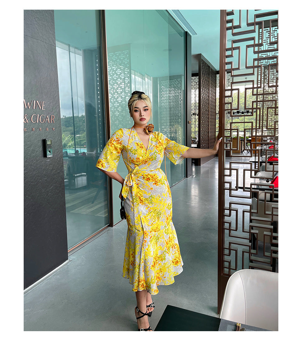 Zllkl Naoum Plus Size Sun Bright Yellow Floral Front Cross V-Neck Short Sleeve Side Slit Long Dress