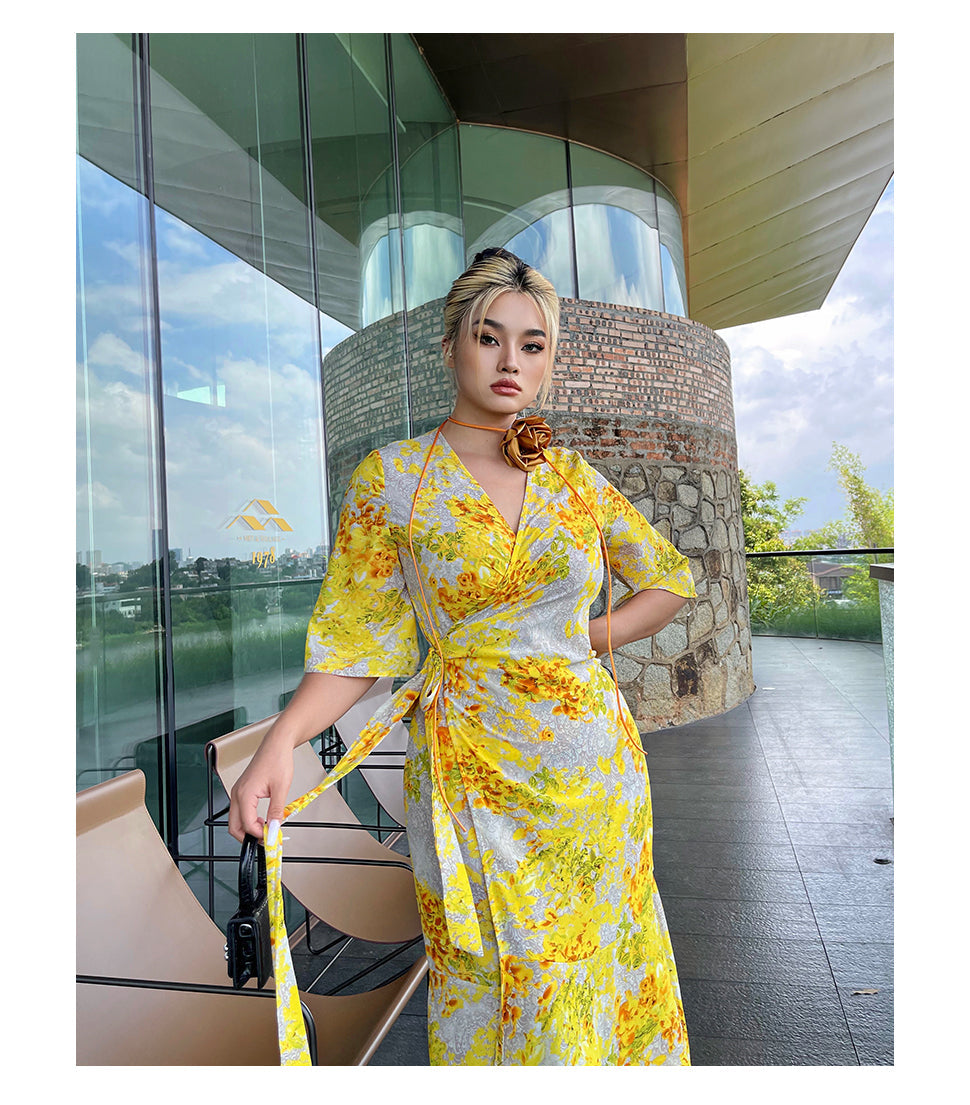 Zllkl Naoum Plus Size Sun Bright Yellow Floral Front Cross V-Neck Short Sleeve Side Slit Long Dress