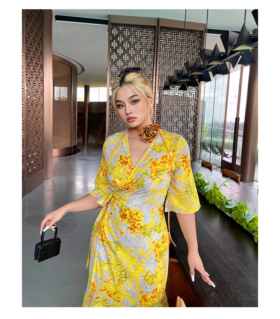 Zllkl Naoum Plus Size Sun Bright Yellow Floral Front Cross V-Neck Short Sleeve Side Slit Long Dress