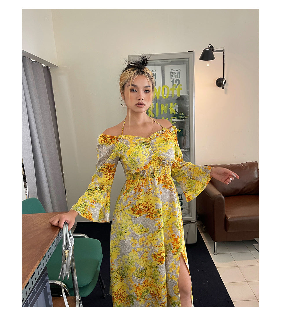 Zllkl Naoum Plus Size Sun Bright Yellow Floral Front Cross V-Neck Short Sleeve Side Slit Long Dress