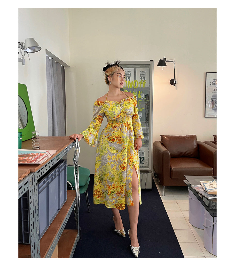 Zllkl Naoum Plus Size Sun Bright Yellow Floral Front Cross V-Neck Short Sleeve Side Slit Long Dress