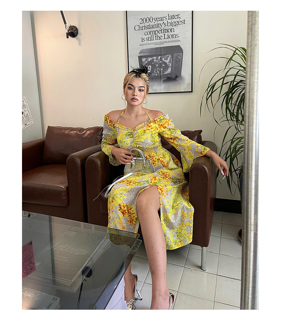 Zllkl Naoum Plus Size Sun Bright Yellow Floral Front Cross V-Neck Short Sleeve Side Slit Long Dress