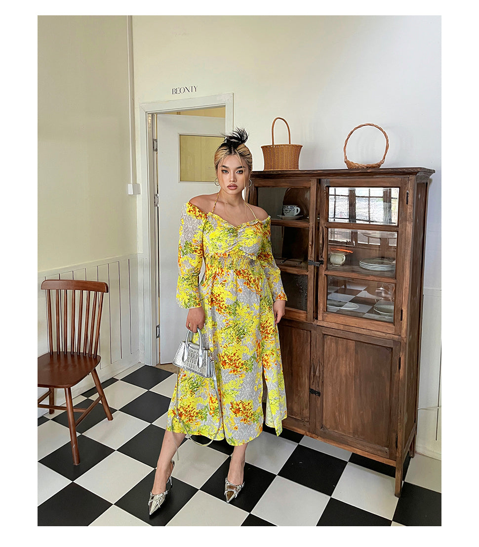 Zllkl Naoum Plus Size Sun Bright Yellow Floral Front Cross V-Neck Short Sleeve Side Slit Long Dress