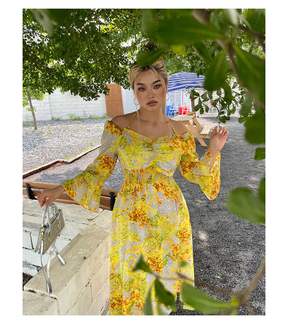 Zllkl Naoum Plus Size Sun Bright Yellow Floral Front Cross V-Neck Short Sleeve Side Slit Long Dress