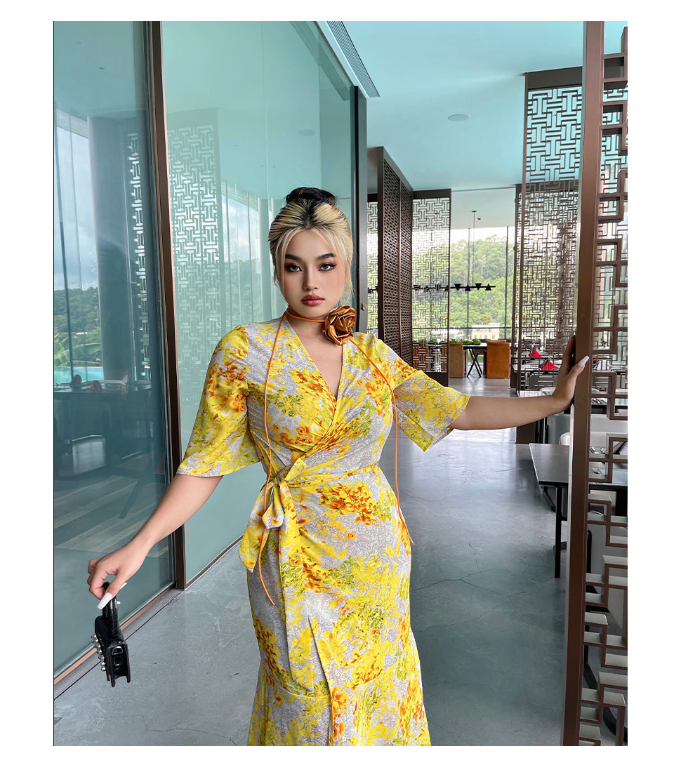 Zllkl Naoum Plus Size Sun Bright Yellow Floral Front Cross V-Neck Short Sleeve Side Slit Long Dress