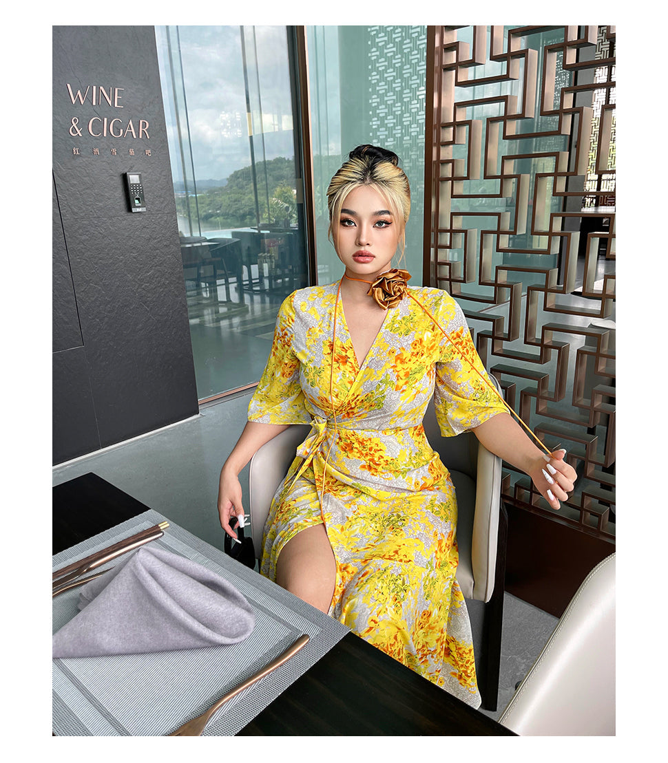 Zllkl Naoum Plus Size Sun Bright Yellow Floral Front Cross V-Neck Short Sleeve Side Slit Long Dress
