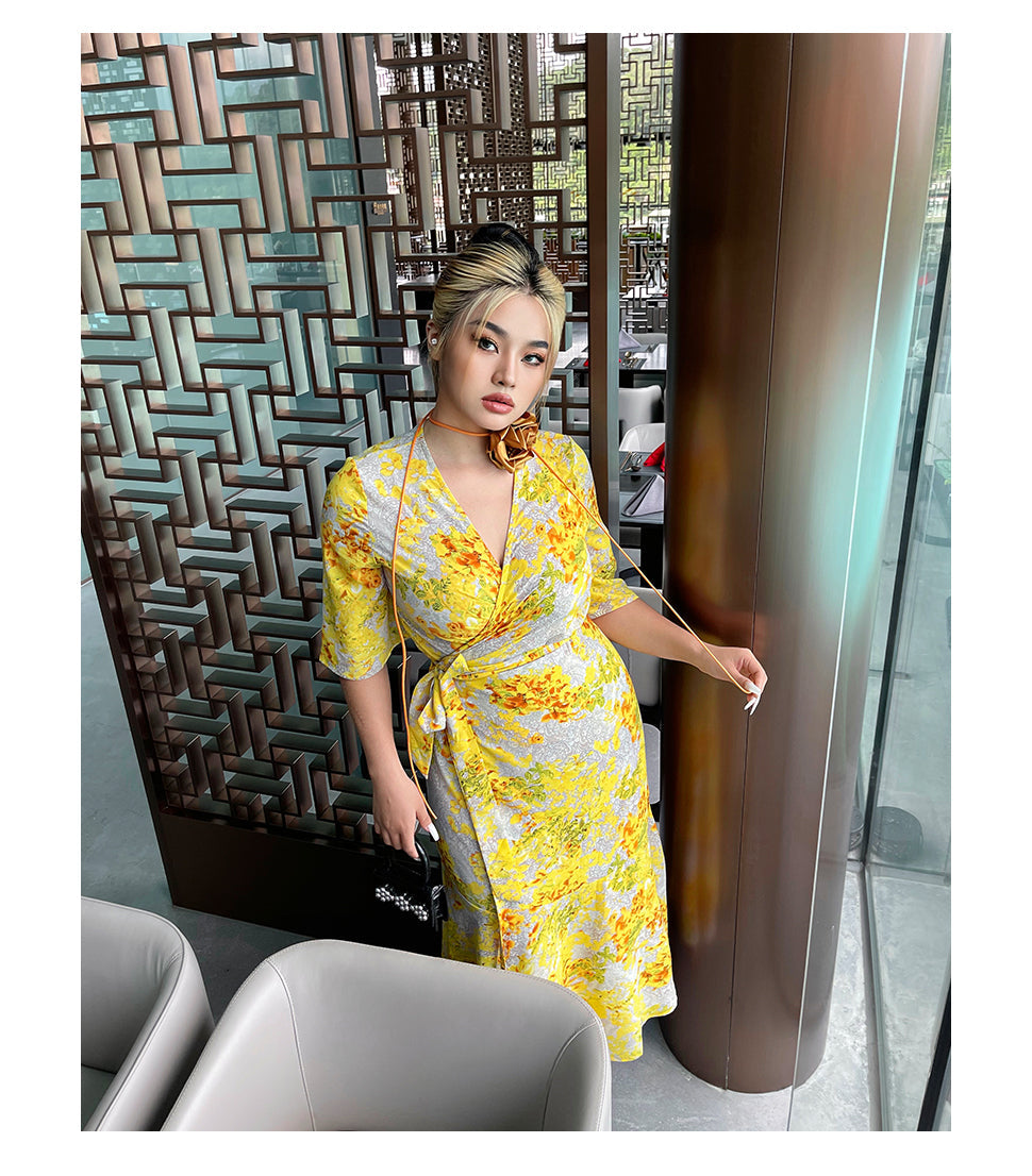 Zllkl Naoum Plus Size Sun Bright Yellow Floral Front Cross V-Neck Short Sleeve Side Slit Long Dress