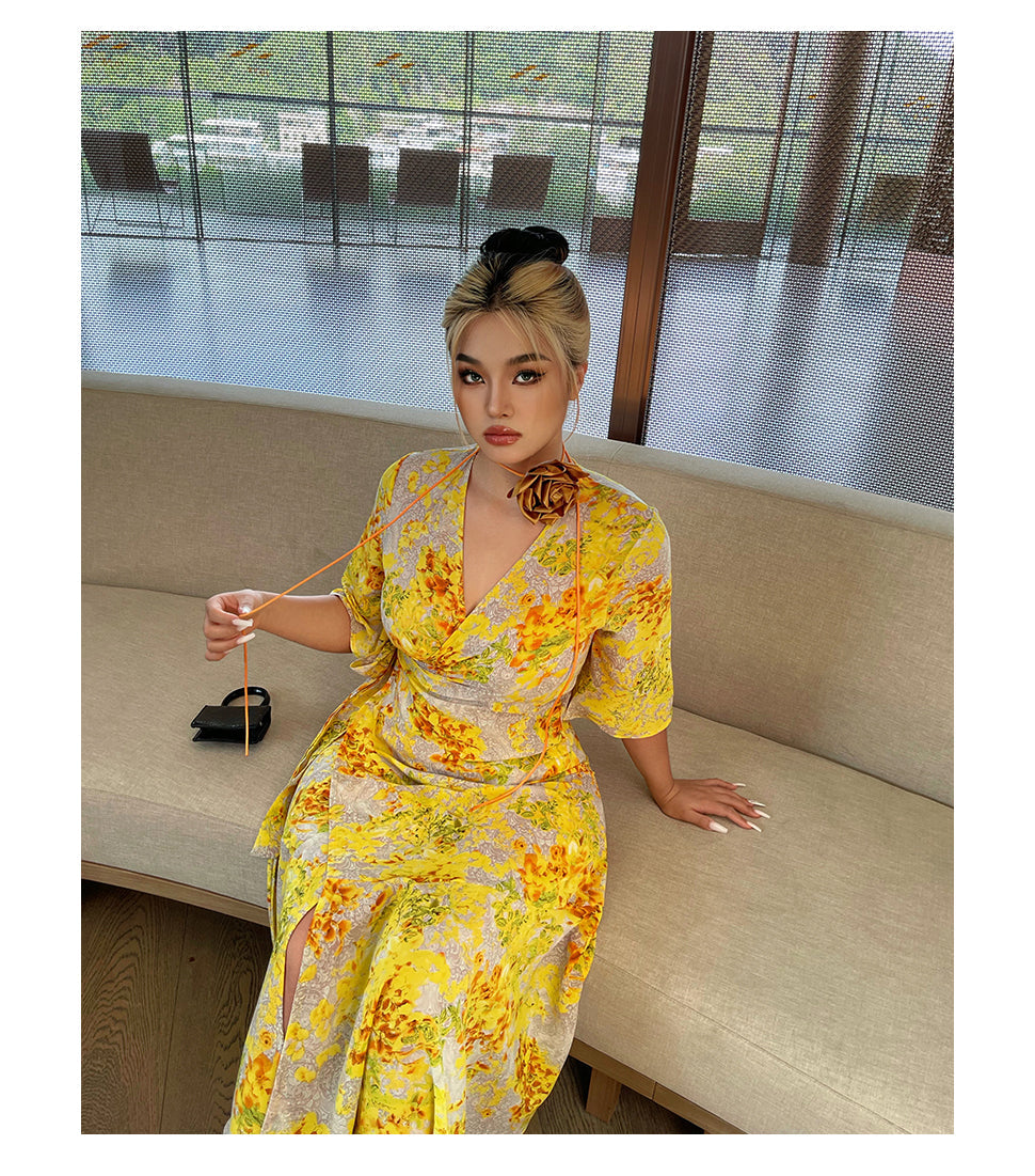 Zllkl Naoum Plus Size Sun Bright Yellow Floral Front Cross V-Neck Short Sleeve Side Slit Long Dress