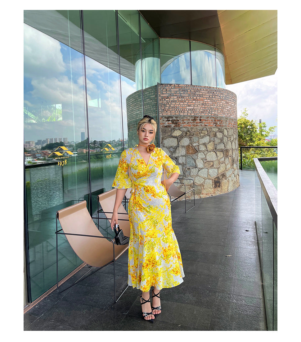 Zllkl Naoum Plus Size Sun Bright Yellow Floral Front Cross V-Neck Short Sleeve Side Slit Long Dress