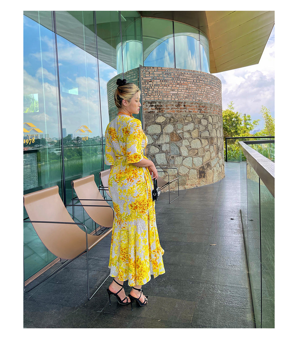 Zllkl Naoum Plus Size Sun Bright Yellow Floral Front Cross V-Neck Short Sleeve Side Slit Long Dress