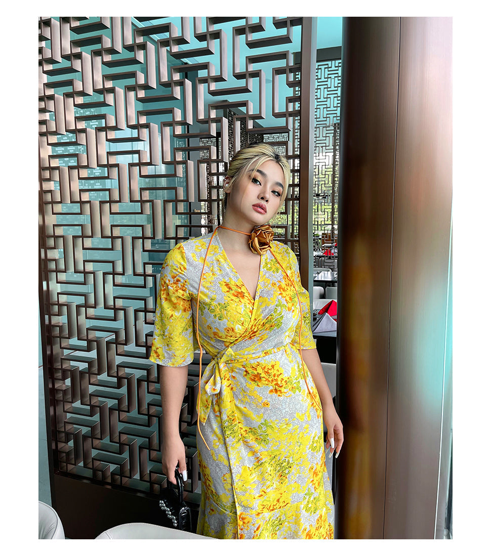 Zllkl Naoum Plus Size Sun Bright Yellow Floral Front Cross V-Neck Short Sleeve Side Slit Long Dress