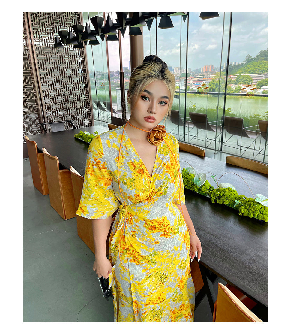 Zllkl Naoum Plus Size Sun Bright Yellow Floral Front Cross V-Neck Short Sleeve Side Slit Long Dress