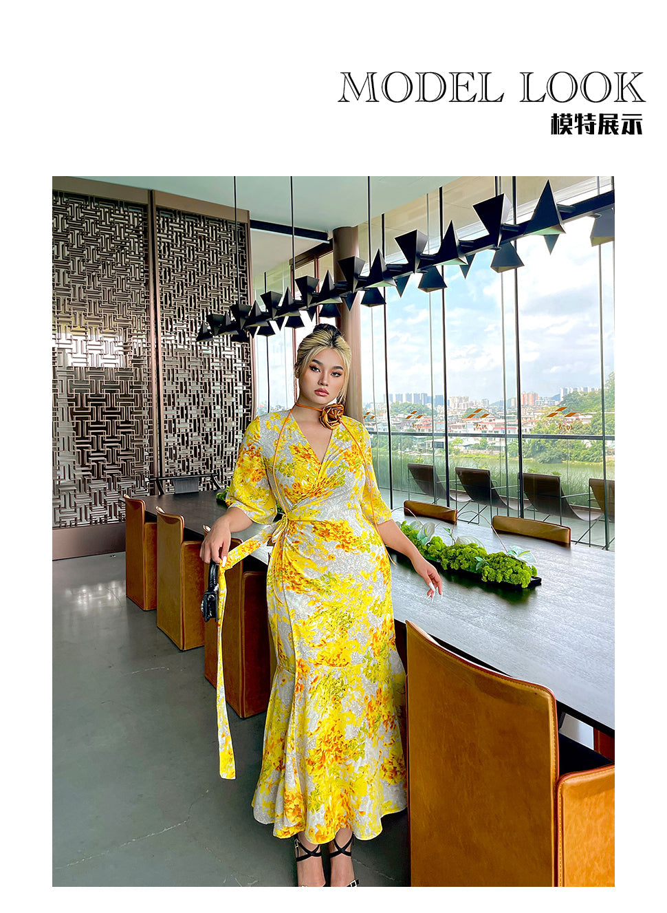 Zllkl Naoum Plus Size Sun Bright Yellow Floral Front Cross V-Neck Short Sleeve Side Slit Long Dress