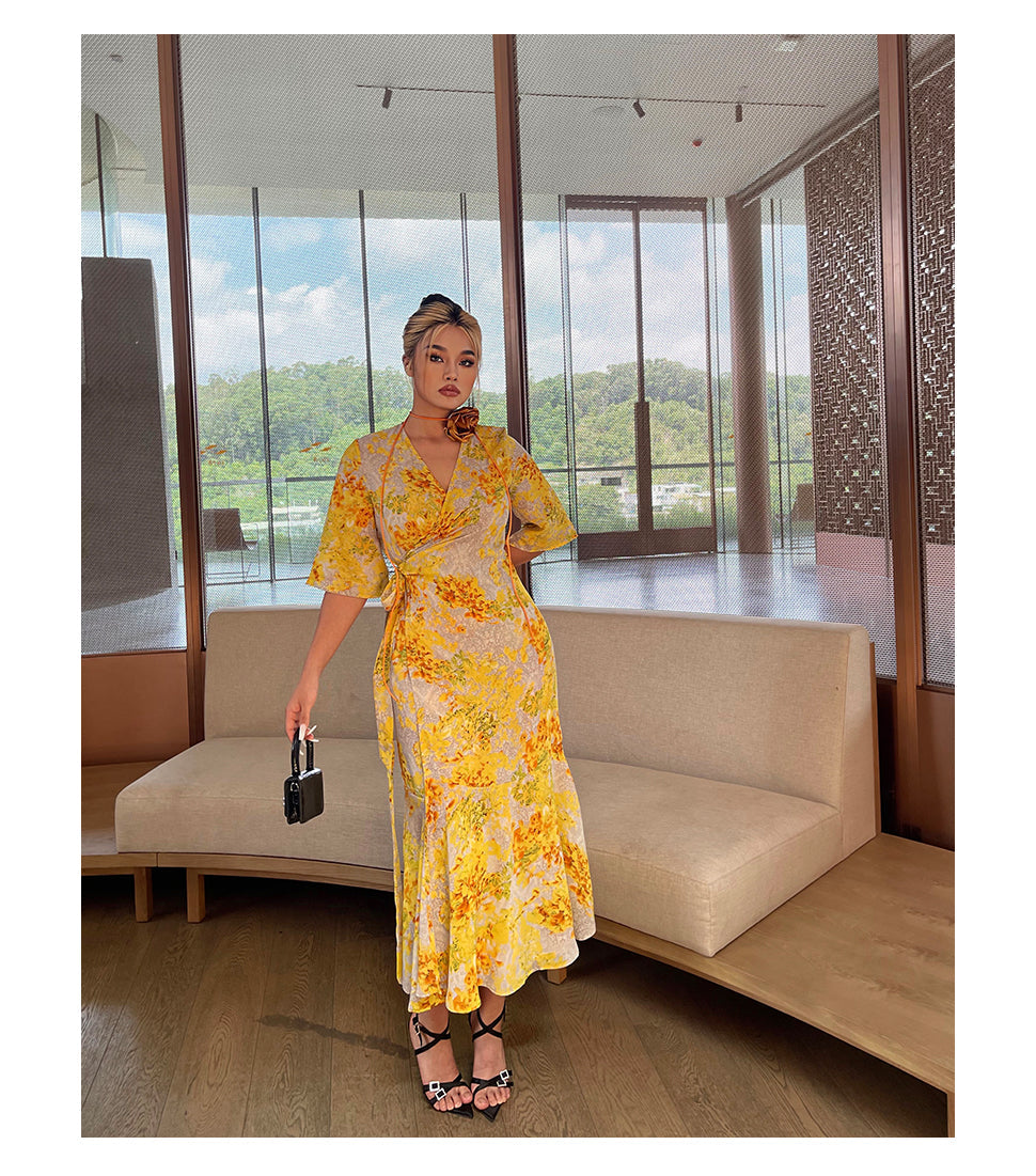 Zllkl Naoum Plus Size Sun Bright Yellow Floral Front Cross V-Neck Short Sleeve Side Slit Long Dress