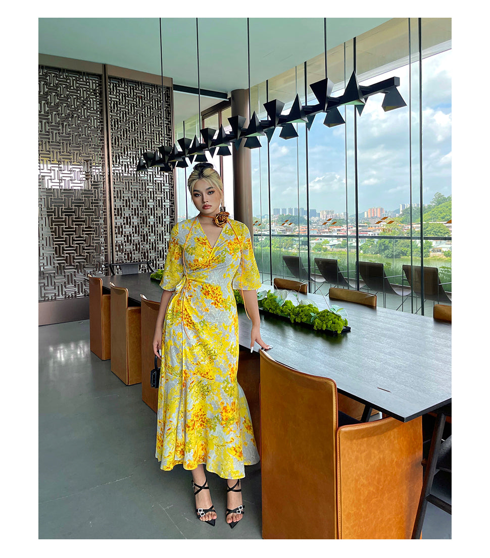 Zllkl Naoum Plus Size Sun Bright Yellow Floral Front Cross V-Neck Short Sleeve Side Slit Long Dress