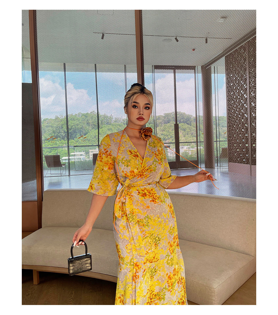 Zllkl Naoum Plus Size Sun Bright Yellow Floral Front Cross V-Neck Short Sleeve Side Slit Long Dress