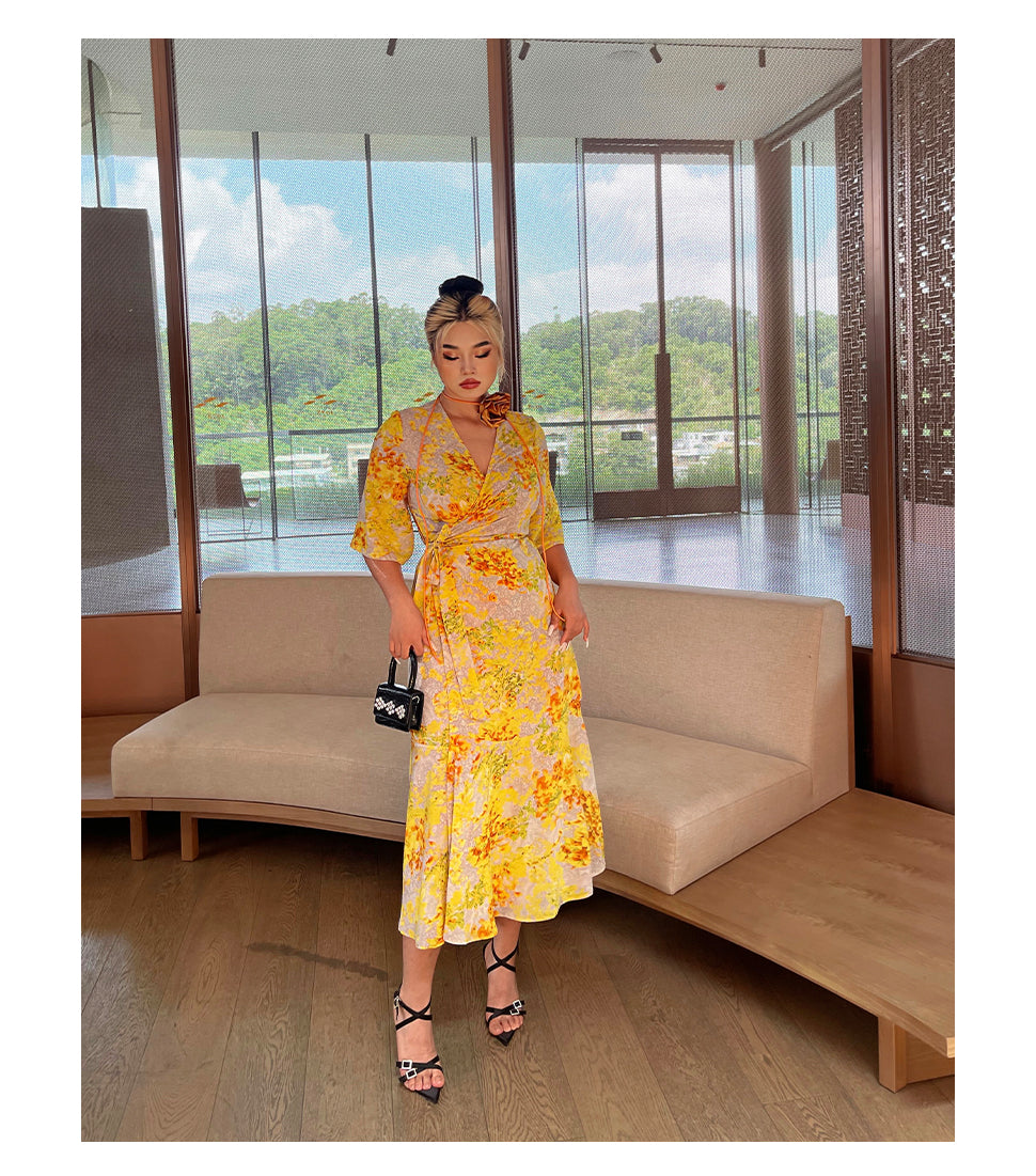 Zllkl Naoum Plus Size Sun Bright Yellow Floral Front Cross V-Neck Short Sleeve Side Slit Long Dress