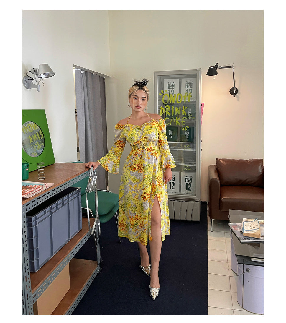 Zllkl Naoum Plus Size Sun Bright Yellow Floral Front Cross V-Neck Short Sleeve Side Slit Long Dress
