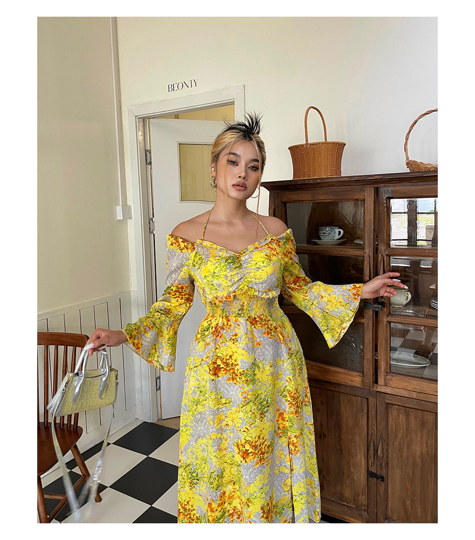 Zllkl Naoum Plus Size Sun Bright Yellow Floral Front Cross V-Neck Short Sleeve Side Slit Long Dress