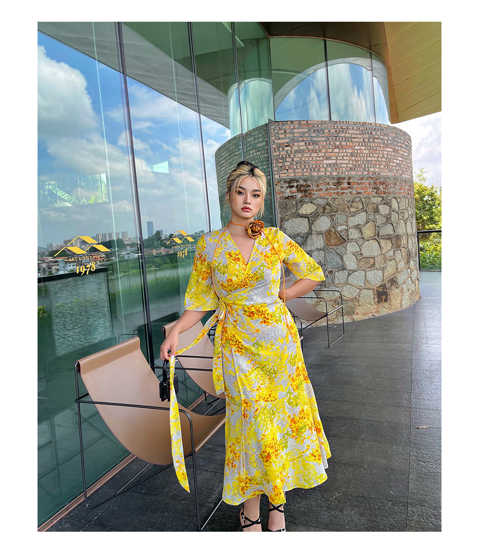 Zllkl Naoum Plus Size Sun Bright Yellow Floral Front Cross V-Neck Short Sleeve Side Slit Long Dress