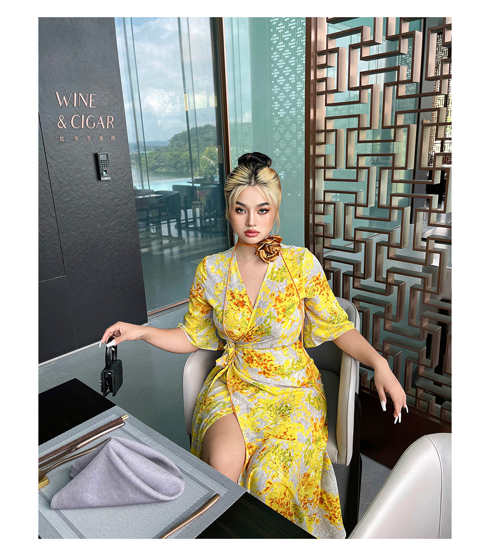Zllkl Naoum Plus Size Sun Bright Yellow Floral Front Cross V-Neck Short Sleeve Side Slit Long Dress