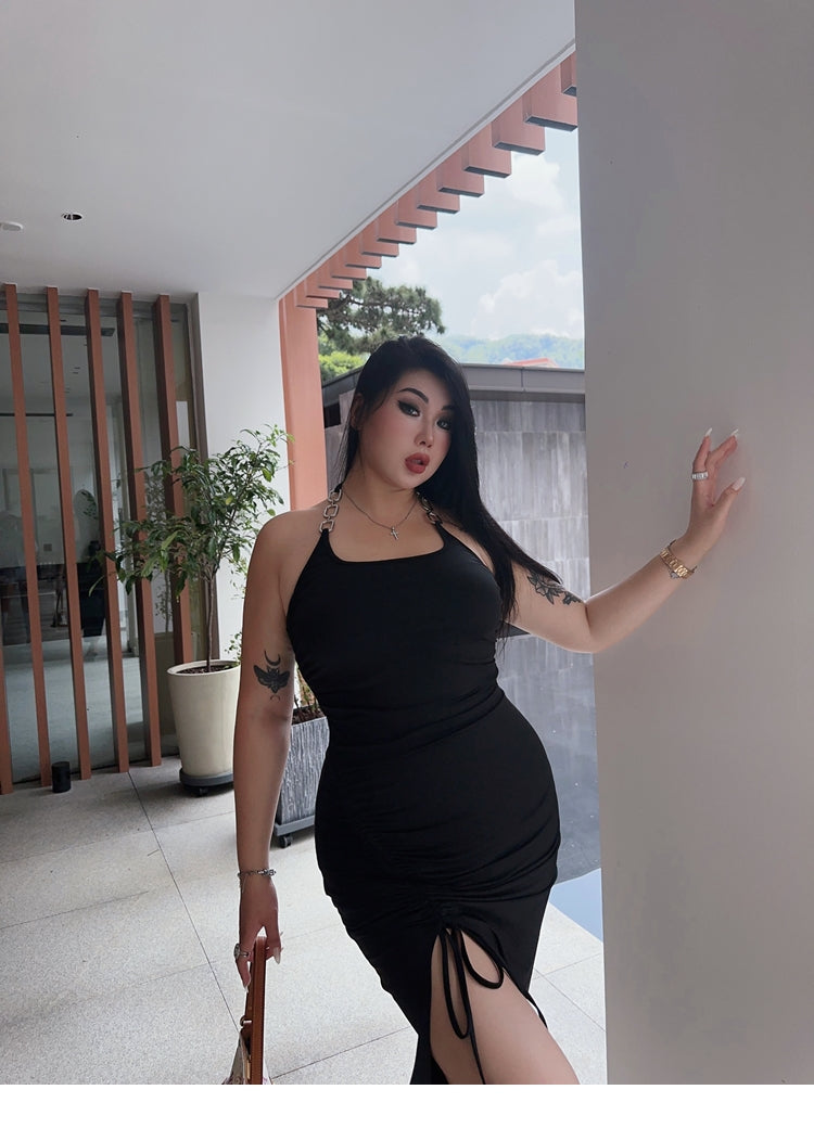Zllkl Ninia Solid Color Plus Size Halter Neck Chain Strap U-Neck Slim Side Slit Dress