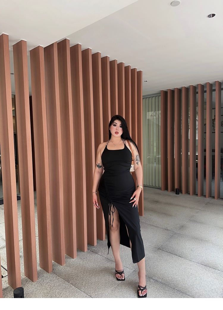 Zllkl Ninia Solid Color Plus Size Halter Neck Chain Strap U-Neck Slim Side Slit Dress