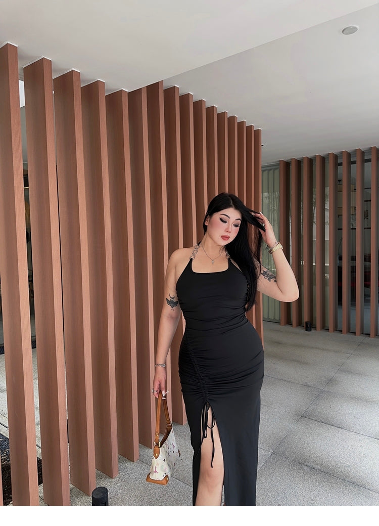 Zllkl Ninia Solid Color Plus Size Halter Neck Chain Strap U-Neck Slim Side Slit Dress