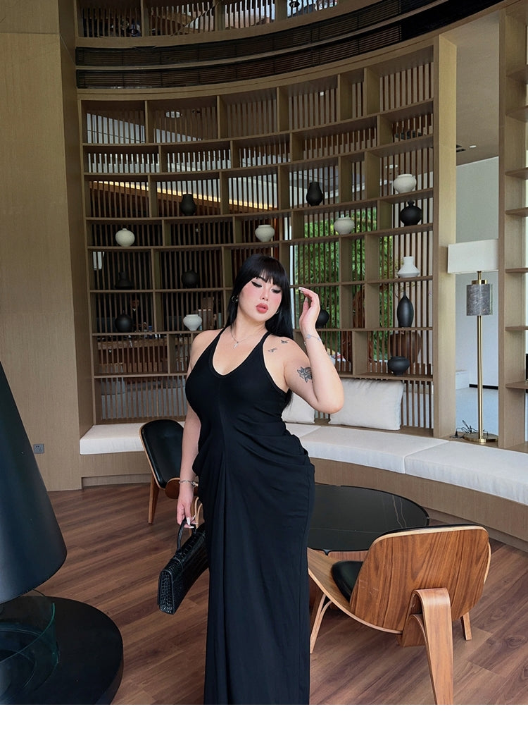 Zllkl Castilla Plus Size Solid Color V-Neck Halter Neck Pleated Waist Cinched Pleated Long Dress