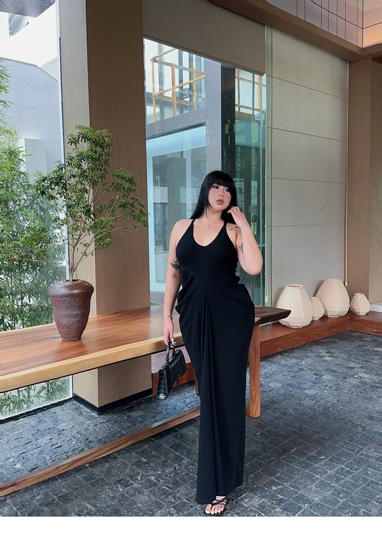 Zllkl Castilla Plus Size Solid Color V-Neck Halter Neck Pleated Waist Cinched Pleated Long Dress