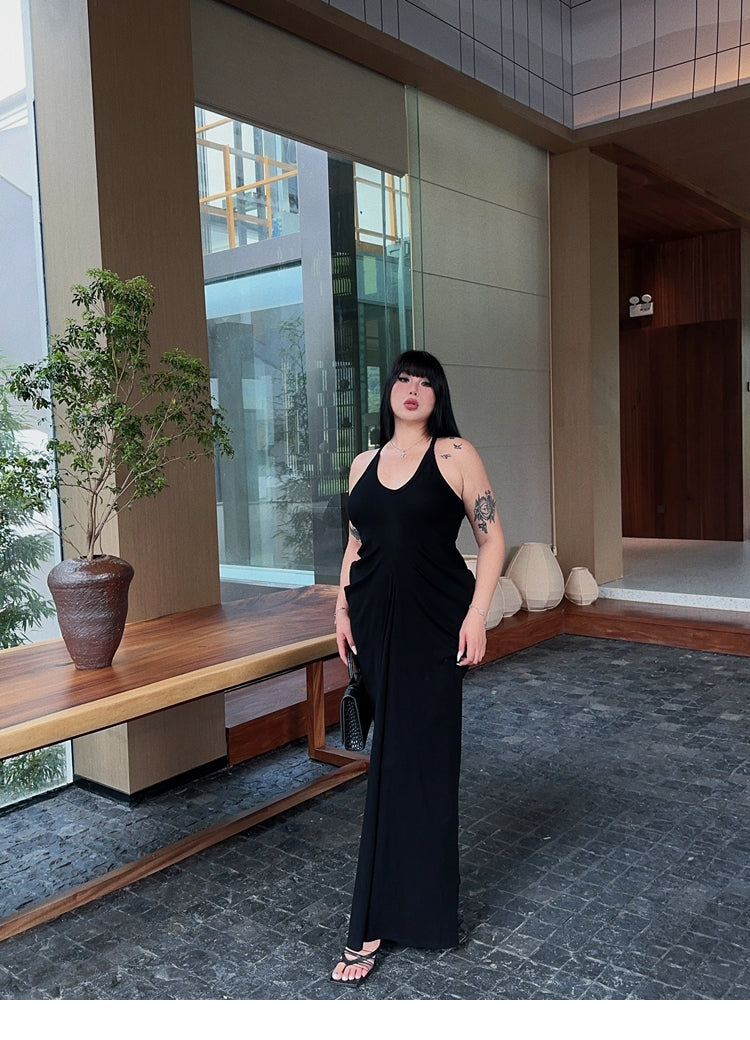 Zllkl Castilla Plus Size Solid Color V-Neck Halter Neck Pleated Waist Cinched Pleated Long Dress