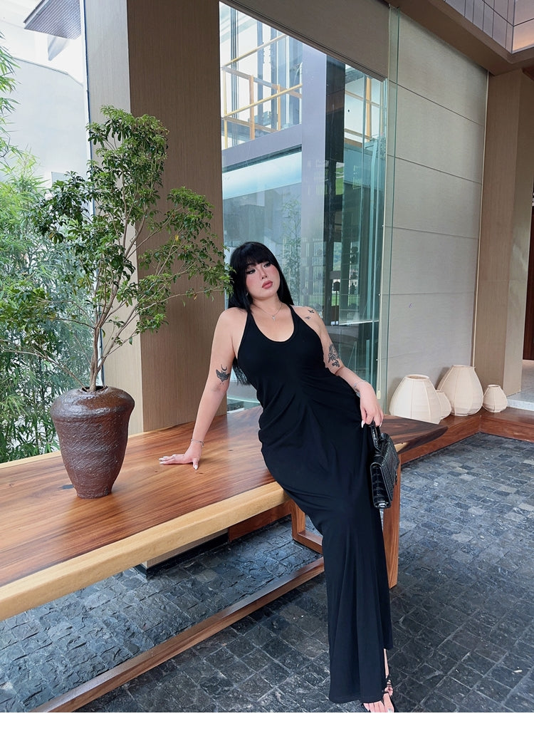 Zllkl Castilla Plus Size Solid Color V-Neck Halter Neck Pleated Waist Cinched Pleated Long Dress
