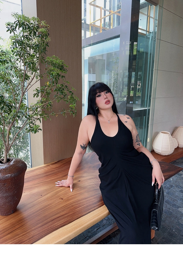 Zllkl Castilla Plus Size Solid Color V-Neck Halter Neck Pleated Waist Cinched Pleated Long Dress